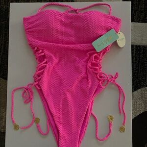 Luli Fama Jelly Beans Hot Pink Textured Lace-Up One-Piece Swimsuit